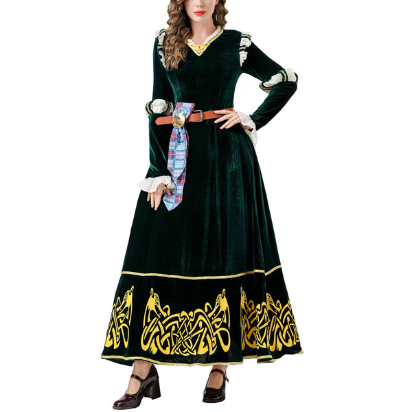 Princess Cosplay Costume Womens Halloween Outfits Retro Medieval Green Dress Gown