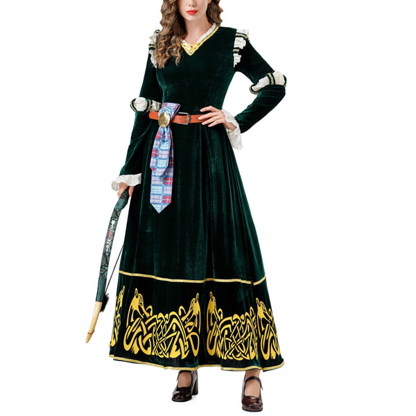 Princess Cosplay Costume Womens Halloween Outfits Retro Medieval Green Dress Gown