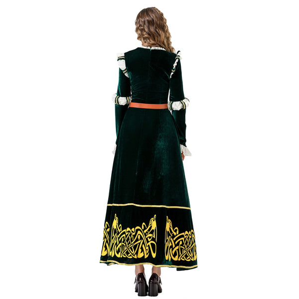 Princess Cosplay Costume Womens Halloween Outfits Retro Medieval Green Dress Gown