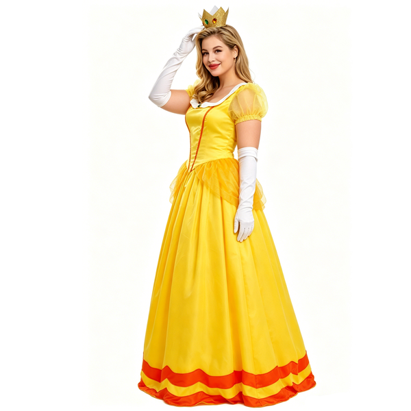 Princess Costume Adult Women Yellow Dresses Halloween Dress up Cosplay with Crown Gloves