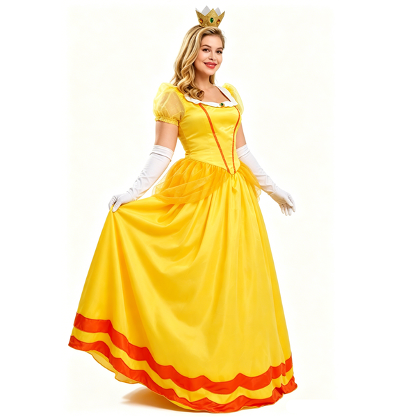 Princess Costume Adult Women Yellow Dresses Halloween Dress up Cosplay with Crown Gloves
