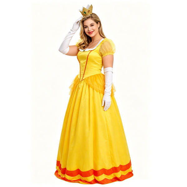 Princess Costume Adult Women Yellow Dresses Halloween Dress up Cosplay with Crown Gloves