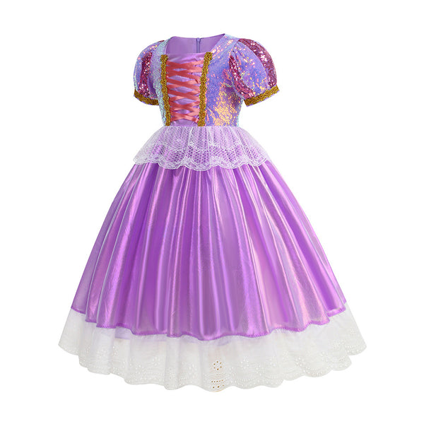 Purple Sequined Dress Long Hair Princess Costume Girls Dress Up for Birthday Party Christmas Halloweeen