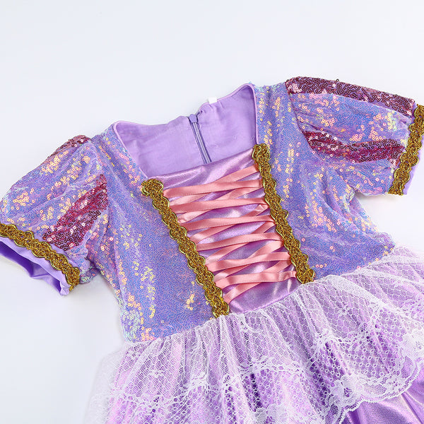 Purple Sequined Dress Long Hair Princess Costume Girls Dress Up for Birthday Party Christmas Halloweeen