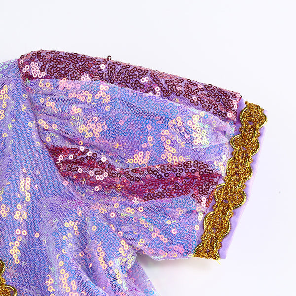 Purple Sequined Dress Long Hair Princess Costume Girls Dress Up for Birthday Party Christmas Halloweeen