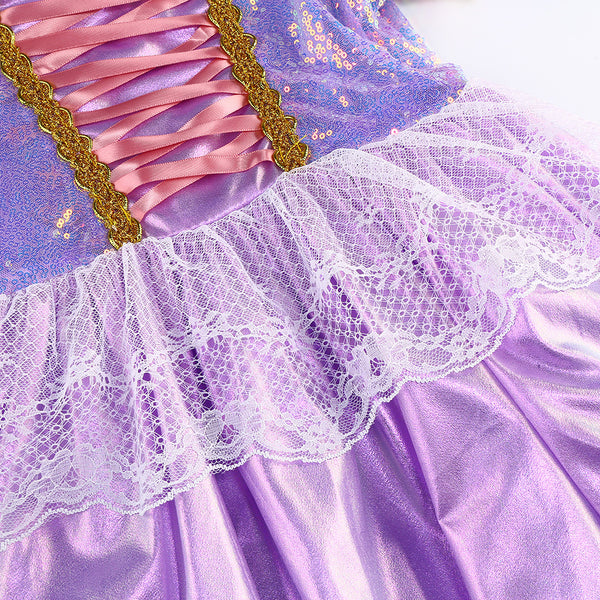 Purple Sequined Dress Long Hair Princess Costume Girls Dress Up for Birthday Party Christmas Halloweeen