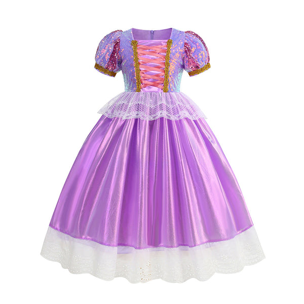 Purple Sequined Dress Long Hair Princess Costume Girls Dress Up for Birthday Party Christmas Halloweeen