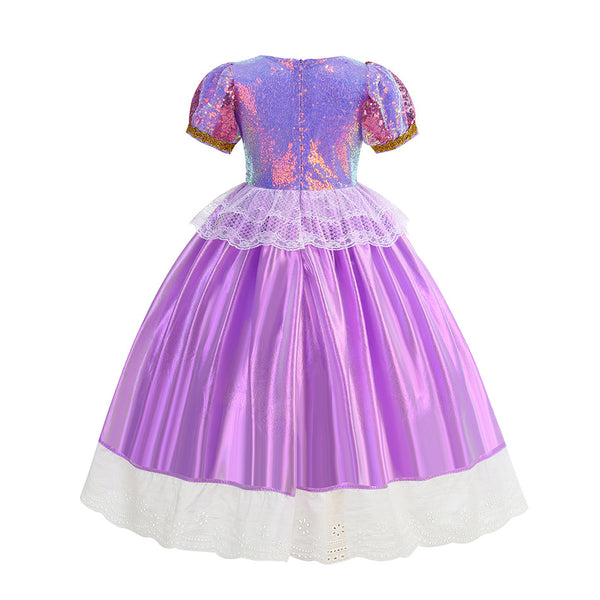 Purple Sequined Dress Long Hair Princess Costume Girls Dress Up for Birthday Party Christmas Halloweeen