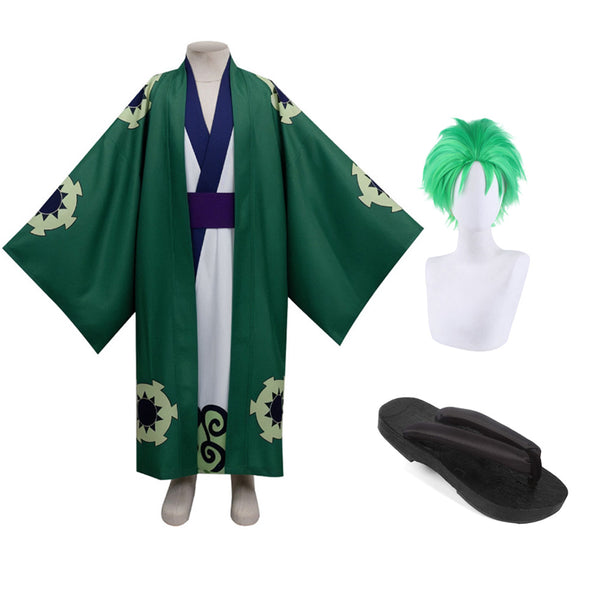 Roronoa Zoro Wano Arc Costume Kimono With Wigs and Shoes Halloween Cosplay Outfit Set
