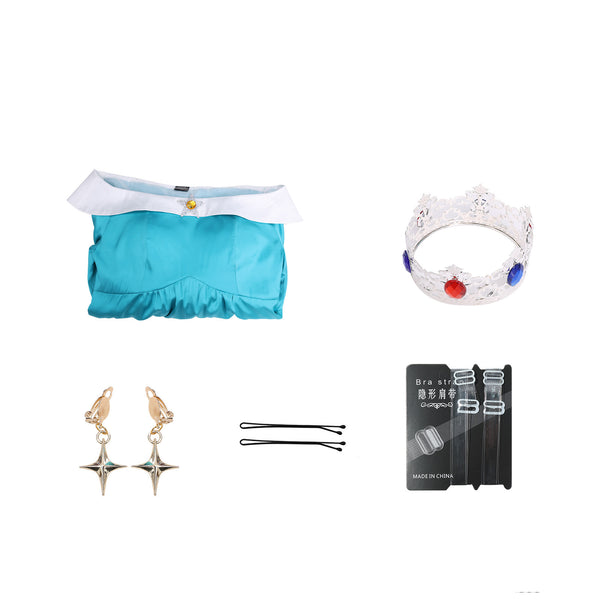 Women's Princess Costume Adults Girls Off Shoulder Blue Fancy Dress Deluxe Gown with Crown Earrings Halloween Party Outfit