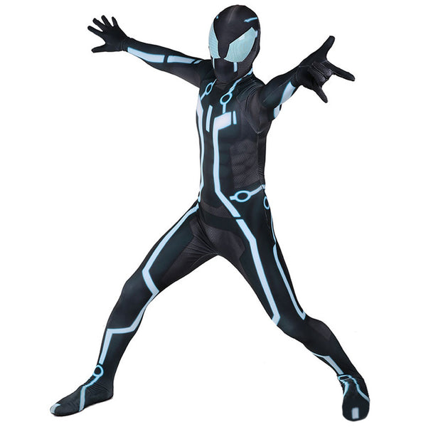 Sci-Fi Jumpsuit Men Boys Halloween Black Zentai With Blue Lines Futuristic Costume