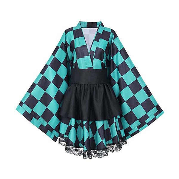 Women Teens Tanjiro Dress Costume With Wigs and Shoes Set Hallloween Tanjiro Cosplay Outfit