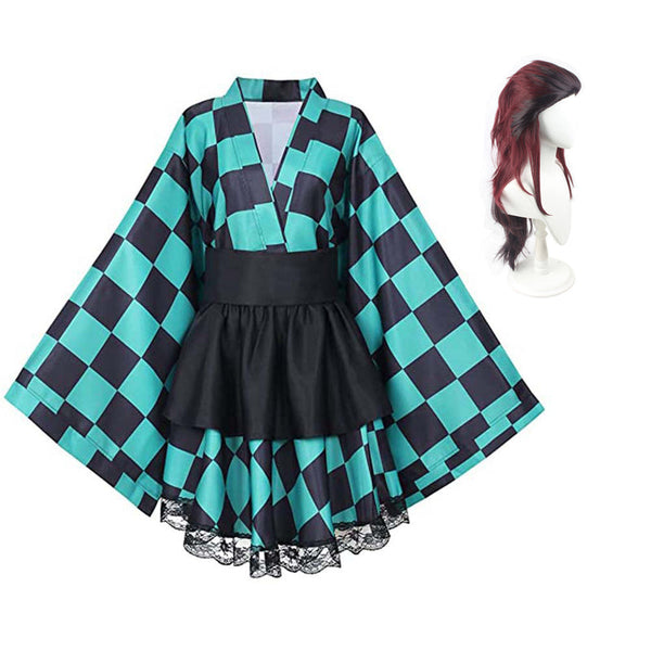 Tanjiro Girls Women Costume With Wigs Tanjiro Female Dress Maid Dress Halloween Party Costume