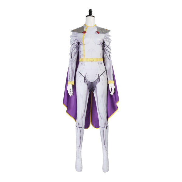 White Zentai With Purple Cloak Women Halloween Hero Warrior Costume Jumpsuit