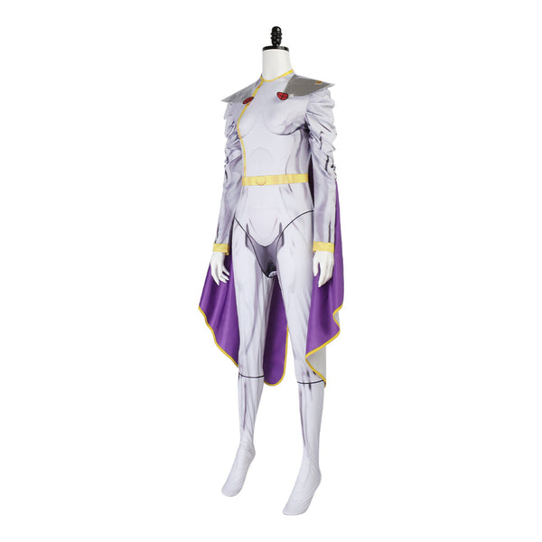 White Zentai With Purple Cloak Women Halloween Hero Warrior Costume Jumpsuit