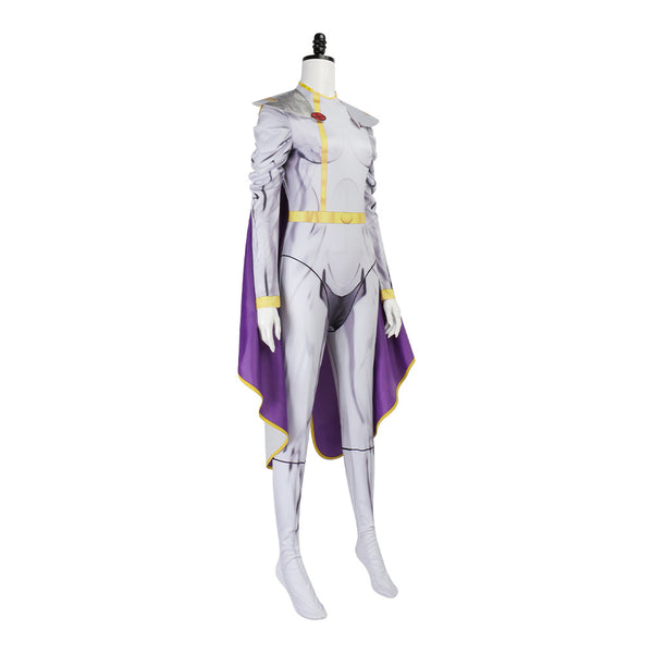 White Zentai With Purple Cloak Women Halloween Hero Warrior Costume Jumpsuit