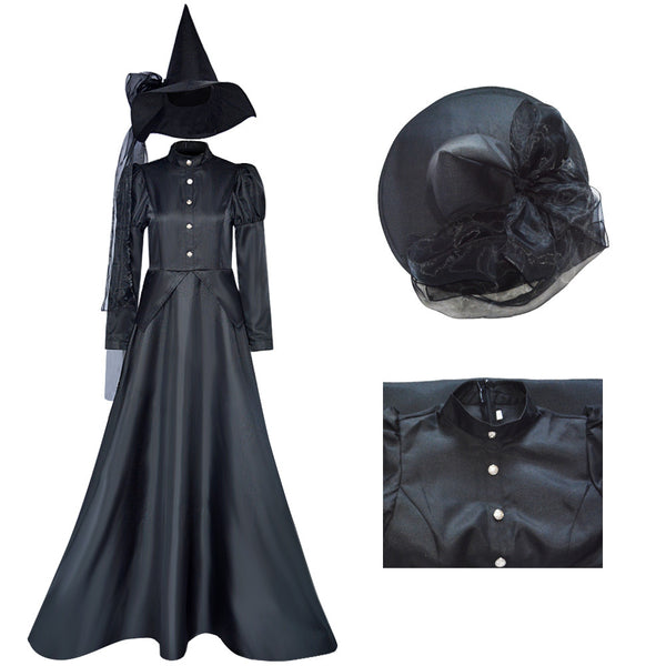 Wicked Witch Black Dress Costume With Hat and Green Gloves Women Halloween Dress Outfit