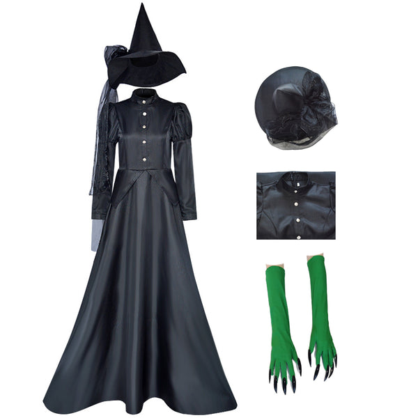 Wicked Witch Black Dress Costume With Hat and Green Gloves Women Halloween Dress Outfit