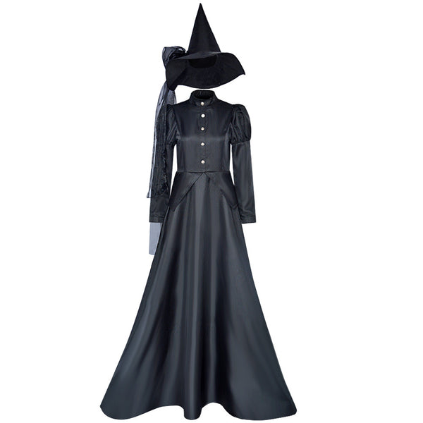 Wicked Witch Black Dress Costume With Hat and Green Gloves Women Halloween Dress Outfit