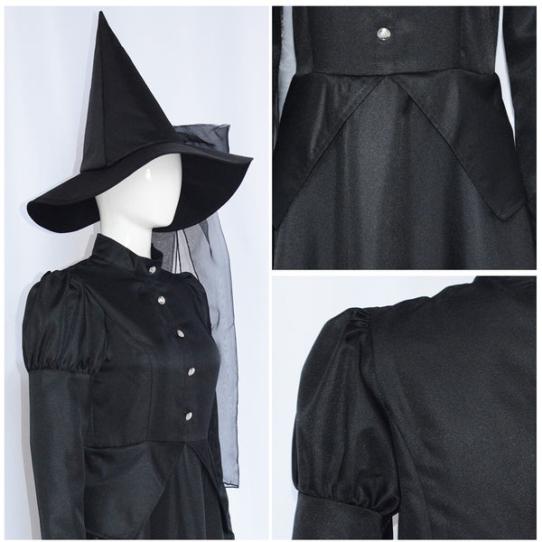 Wicked Witch Black Dress Costume With Hat and Green Gloves Women Halloween Dress Outfit