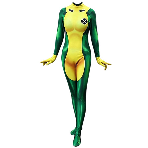 Women Girls Cosplay Bodysuit Green and Yellow Heroine Jumpsuit Costume Halloween Zentai
