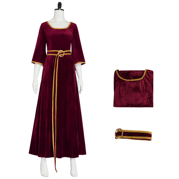 Women Gothel Costume Velvet Long Dress Full Set Dark Red Medieval Renaissance Halloween Outfit