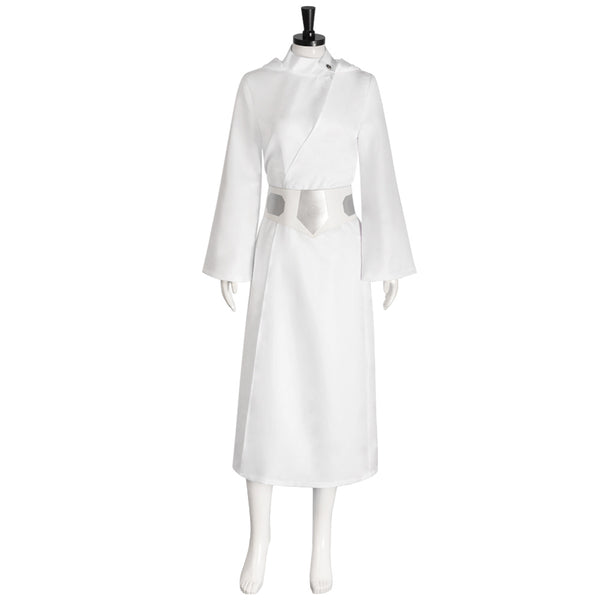 Women Princess Cosplay Leia Costume White Dress Hooded Long Robe Halloween Party Dress