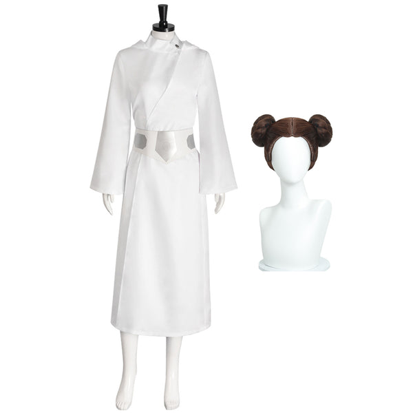 Women Princess Cosplay Leia Costume White Dress Hooded Long Robe Halloween Party Dress
