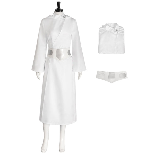 Women Princess Cosplay Leia Costume White Dress Hooded Long Robe Halloween Party Dress