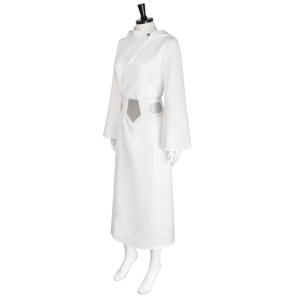Women Princess Cosplay Leia Costume White Dress Hooded Long Robe Halloween Party Dress