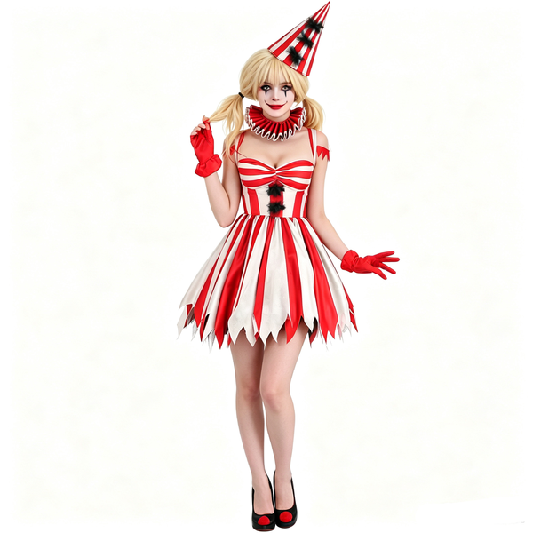 Women Red Sinister Clown Costume Dress Circus Clown Halloween Cosplay Costume Set