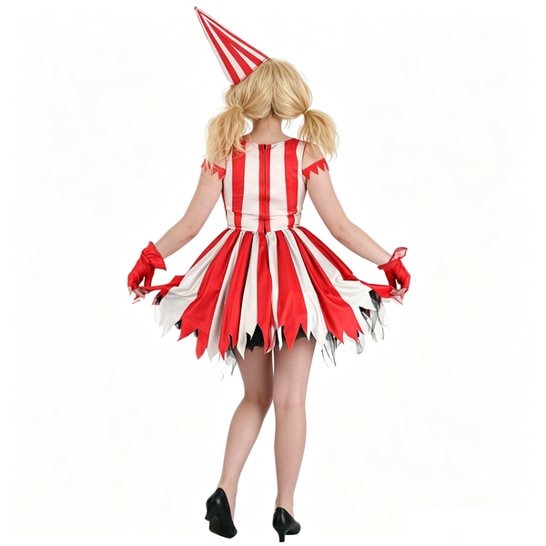 Women Red Sinister Clown Costume Dress Circus Clown Halloween Cosplay Costume Set