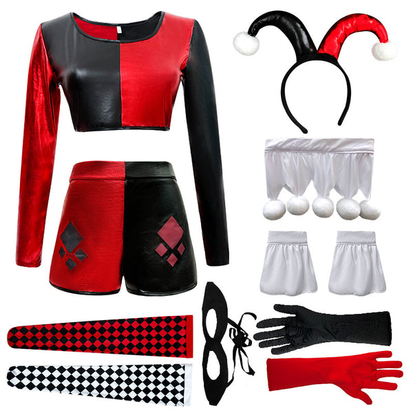 Women Sexy Clown Costume Crop Top and Shorts Set Halloween Party Suit