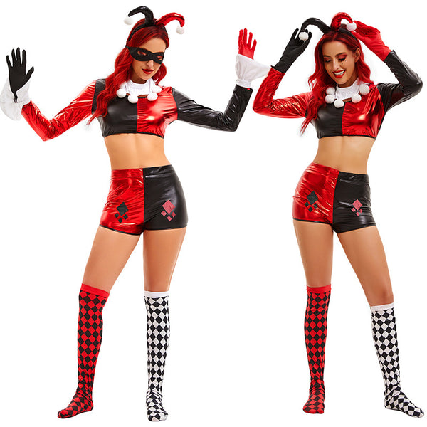 Women Sexy Clown Costume Crop Top and Shorts Set Halloween Party Suit
