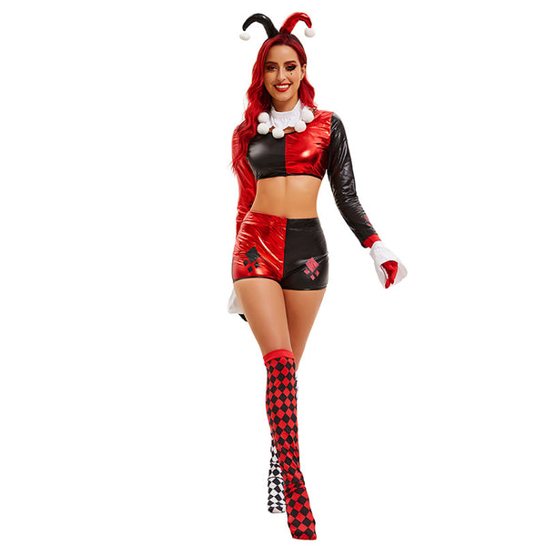 Women Sexy Clown Costume Crop Top and Shorts Set Halloween Party Suit