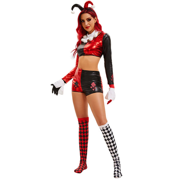 Women Sexy Clown Costume Crop Top and Shorts Set Halloween Party Suit