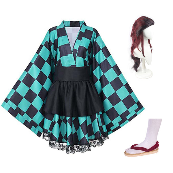 Women Teens Tanjiro Dress Costume With Wigs and Shoes Set Hallloween Tanjiro Cosplay Outfit
