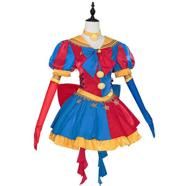 Women's Clown Costume Carnival Outfit Halloween Mini Dress with Hat Gloves