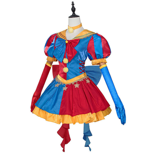 Women's Clown Costume Carnival Outfit Halloween Mini Dress with Hat Gloves