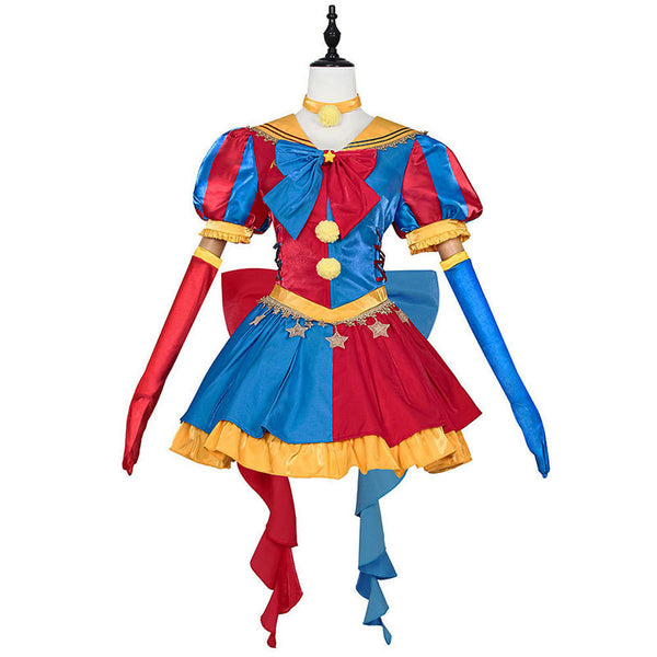 Women's Clown Costume Carnival Outfit Halloween Mini Dress with Hat Gloves