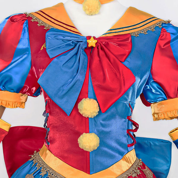 Women's Clown Costume Carnival Outfit Halloween Mini Dress with Hat Gloves