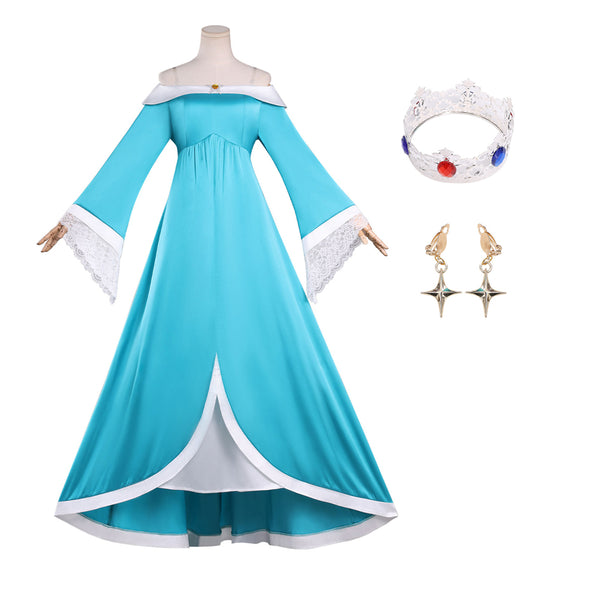 Women's Princess Costume Adults Girls Off Shoulder Blue Fancy Dress Deluxe Gown with Crown Earrings Halloween Party Outfit