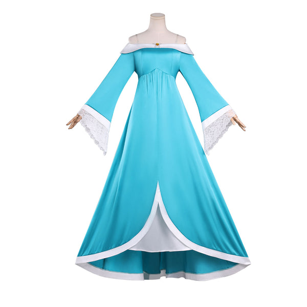 Women's Princess Costume Adults Girls Off Shoulder Blue Fancy Dress Deluxe Gown with Crown Earrings Halloween Party Outfit