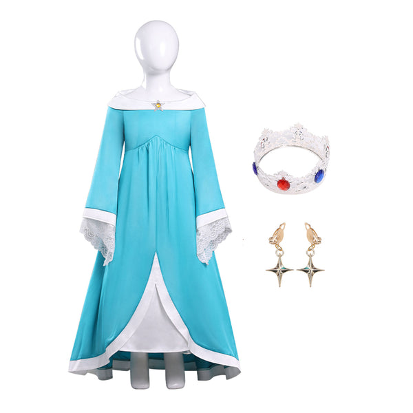 Women's Princess Costume Adults Girls Off Shoulder Blue Fancy Dress Deluxe Gown with Crown Earrings Halloween Party Outfit