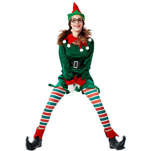 2022 New Women Christmas Green Elf Costume Dress Full Set With Hat