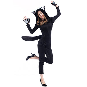 Adult Women Black Cat Halloween Cosplay Costume With Hat