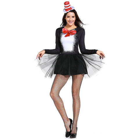 Adult Women Black Magician Cat Halloween Cosplay Costume Dress