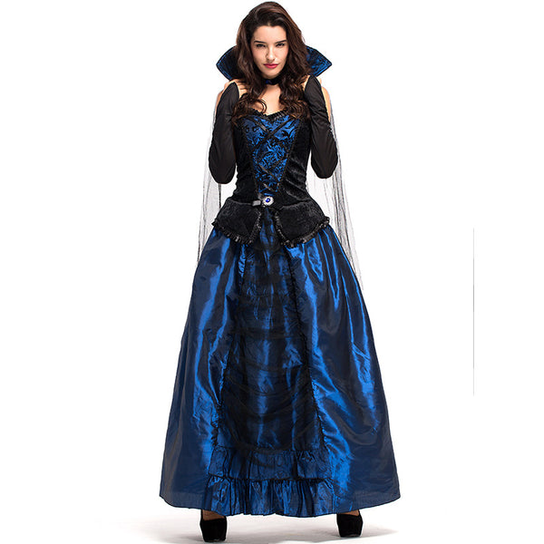 Adult Women Blue European Vintage Court Queen Dress Costume For Halloween/Stage Performance/Party