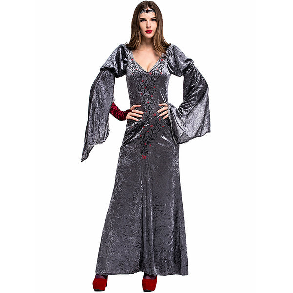 Adult Women Gray European Vintage Court Queen Dress Costume For Halloween/Stage Performance/Party