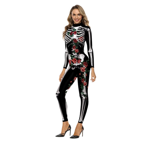 Adults Women Rose Flower Skeleton Halloween Cosplay Costume Jumpsuit